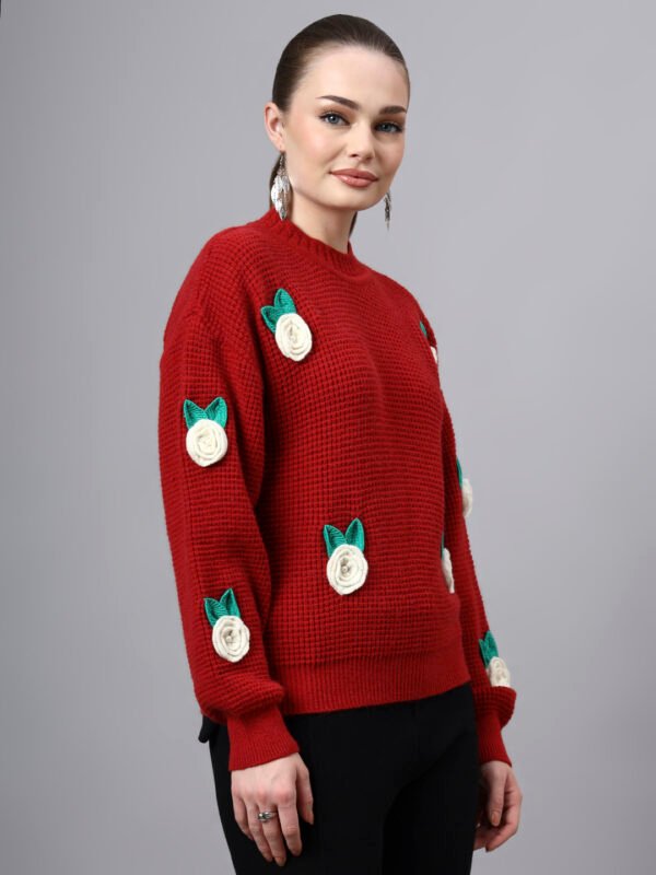 Round Neck Flowered Patch Work Design With Premium Acrylic Wool Women Knitted Top & Sweater