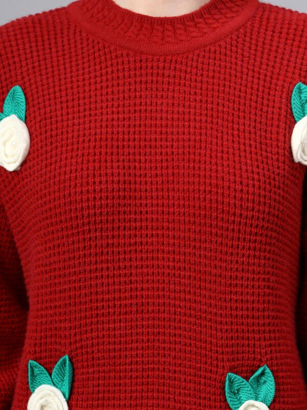 Round Neck Flowered Patch Work Design With Premium Acrylic Wool Women Knitted Top & Sweater