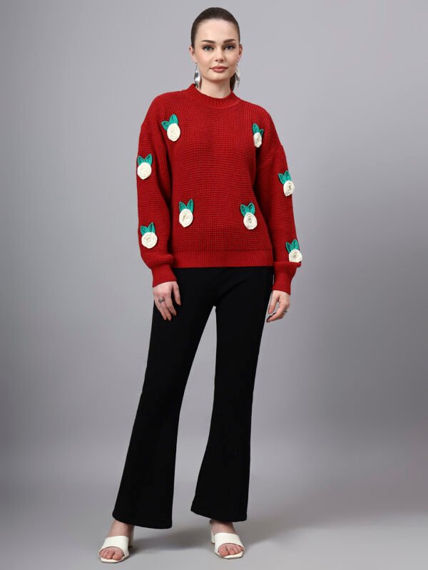 Round Neck Flowered Patch Work Design With Premium Acrylic Wool Women Knitted Top & Sweater