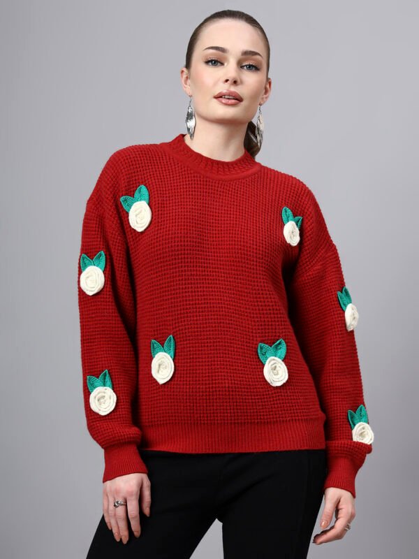 Round Neck Flowered Patch Work Design With Premium Acrylic Wool Women Knitted Top & Sweater