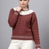 S28_BROWN_01_1 Shawl Collar Self Design Design With Premium Acrylic Wool Women Knitted Top & Sweater