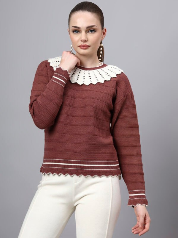 S28_BROWN_01_1 Shawl Collar Self Design Design With Premium Acrylic Wool Women Knitted Top & Sweater