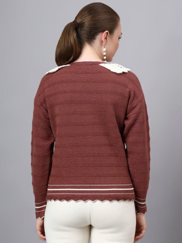 S28_BROWN_01_2 Shawl Collar Self Design Design With Premium Acrylic Wool Women Knitted Top & Sweater