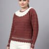 S28_BROWN_01_3 Shawl Collar Self Design Design With Premium Acrylic Wool Women Knitted Top & Sweater