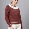 S28_BROWN_01_4 Shawl Collar Self Design Design With Premium Acrylic Wool Women Knitted Top & Sweater