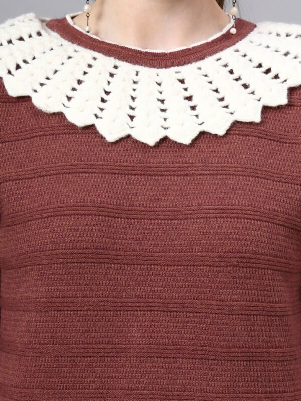 S28_BROWN_01_5 Shawl Collar Self Design Design With Premium Acrylic Wool Women Knitted Top & Sweater