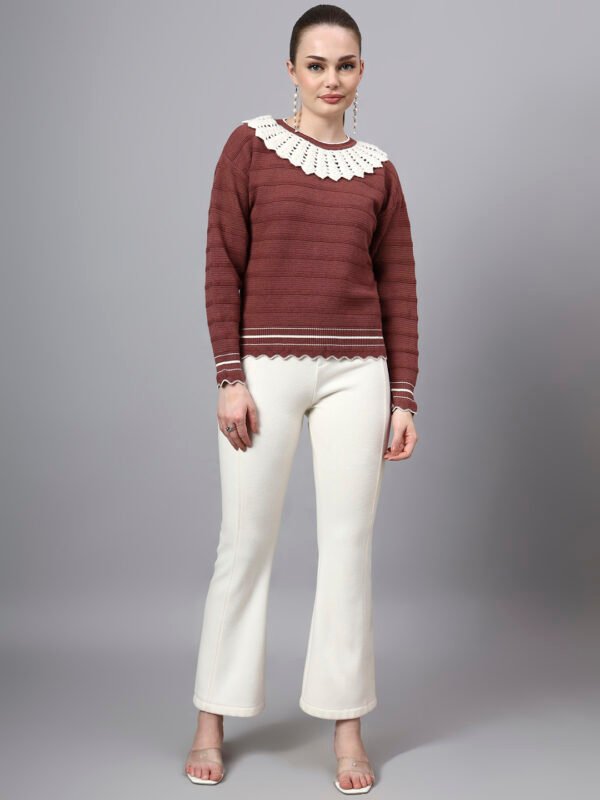 S28_BROWN_01_6 Shawl Collar Self Design Design With Premium Acrylic Wool Women Knitted Top & Sweater