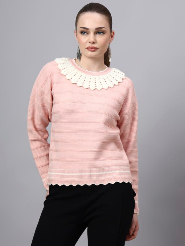 Shawl Collar Self Design Design With Premium Acrylic Wool Women Knitted Top & Sweater