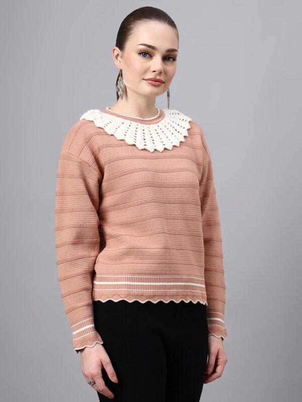 Shawl Collar Self Design Design With Premium Acrylic Wool Women Knitted Top & Sweater