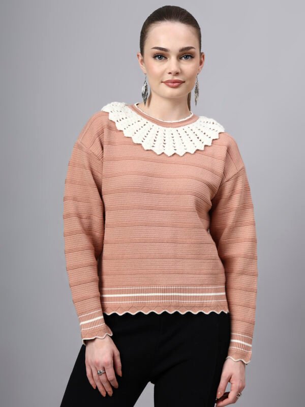 Shawl Collar Self Design Design With Premium Acrylic Wool Women Knitted Top & Sweater