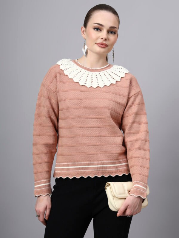 Shawl Collar Self Design Design With Premium Acrylic Wool Women Knitted Top & Sweater