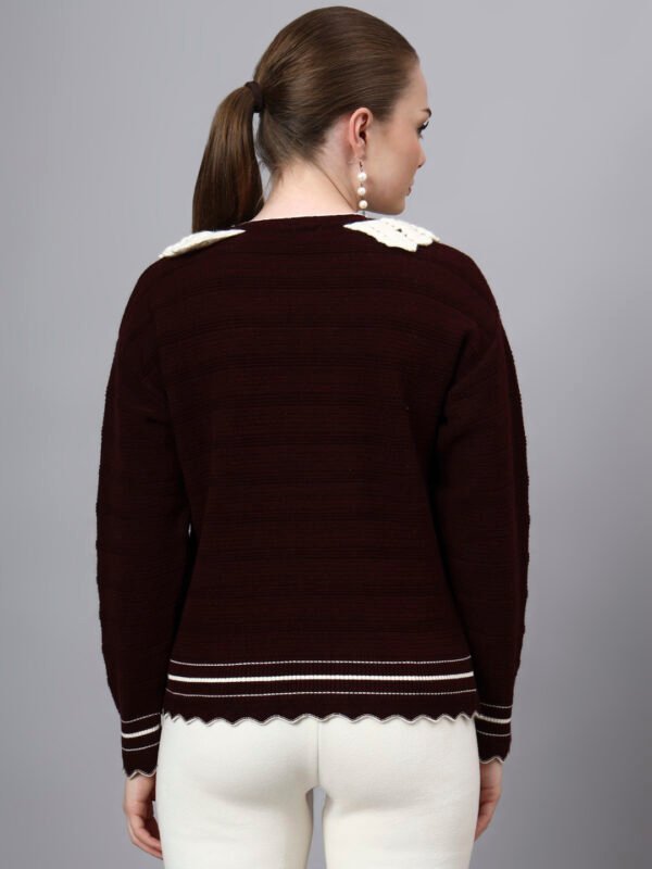 S28_WINE_01_2 Shawl Collar Self Design Design With Premium Acrylic Wool Women Knitted Top & Sweater