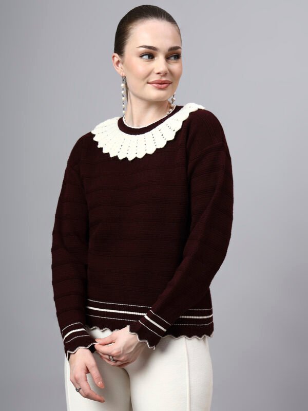S28_WINE_01_3 Shawl Collar Self Design Design With Premium Acrylic Wool Women Knitted Top & Sweater
