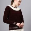 S28_WINE_01_4 Shawl Collar Self Design Design With Premium Acrylic Wool Women Knitted Top & Sweater