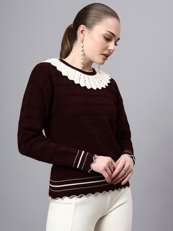 S28_WINE_01_4 Shawl Collar Self Design Design With Premium Acrylic Wool Women Knitted Top & Sweater