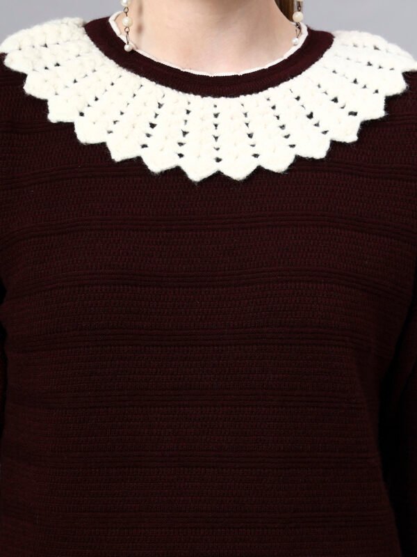 S28_WINE_01_5 Shawl Collar Self Design Design With Premium Acrylic Wool Women Knitted Top & Sweater