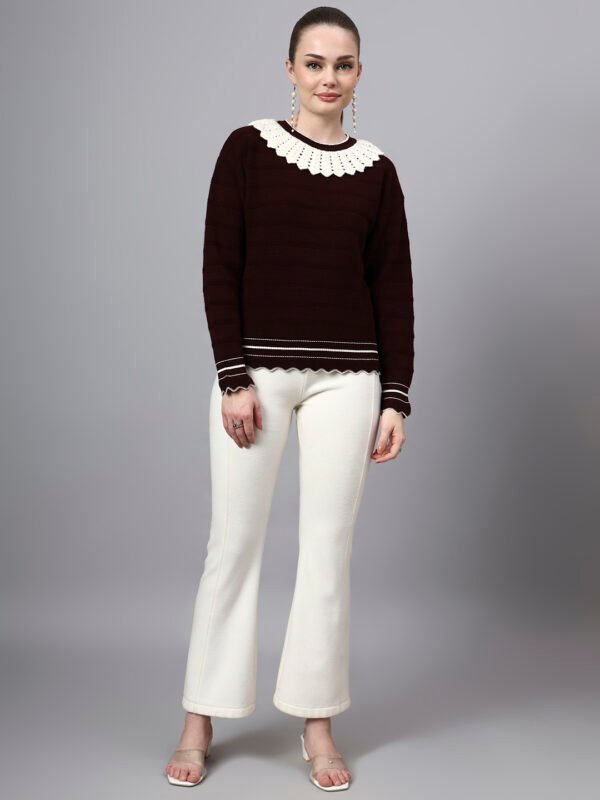 S28_WINE_01_6 Shawl Collar Self Design Design With Premium Acrylic Wool Women Knitted Top & Sweater