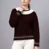 S28_WINE_01_7 Shawl Collar Self Design Design With Premium Acrylic Wool Women Knitted Top & Sweater