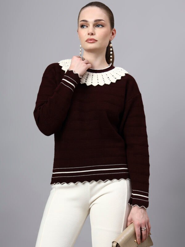 S28_WINE_01_7 Shawl Collar Self Design Design With Premium Acrylic Wool Women Knitted Top & Sweater