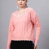 MODKLINE Women’s Baby Pink Winter Sweater – Floral Collar & Textured Knit