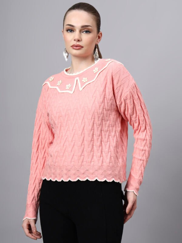 MODKLINE Women’s Baby Pink Winter Sweater – Floral Collar & Textured Knit