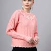 MODKLINE Women’s Baby Pink Winter Sweater – Floral Collar & Textured Knit