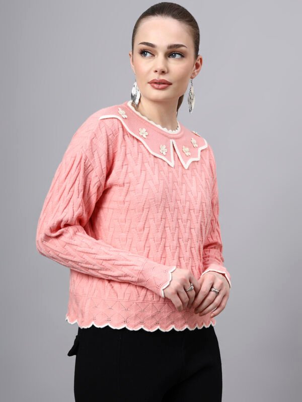 MODKLINE Women’s Baby Pink Winter Sweater – Floral Collar & Textured Knit