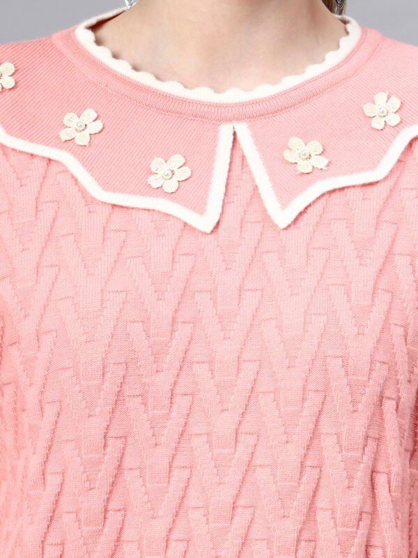 MODKLINE Women’s Baby Pink Winter Sweater – Floral Collar & Textured Knit