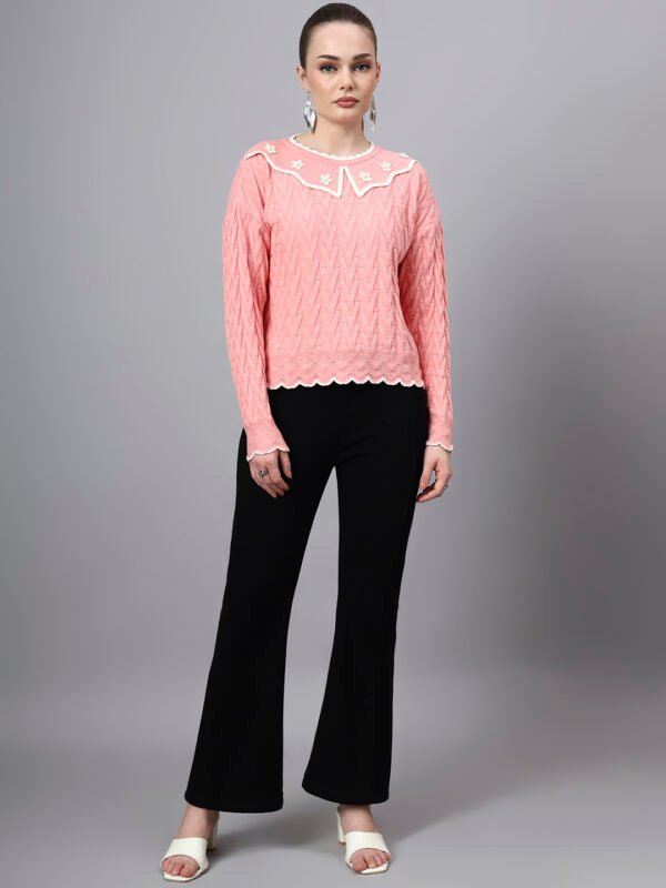 MODKLINE Women’s Baby Pink Winter Sweater – Floral Collar & Textured Knit