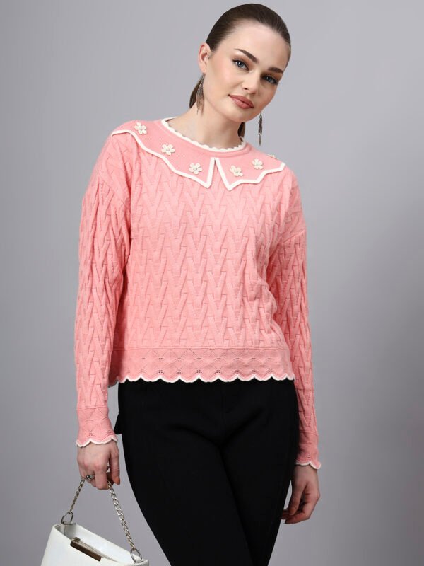 MODKLINE Women’s Baby Pink Winter Sweater – Floral Collar & Textured Knit