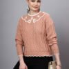 MODKLINE Women’s Peach Winter Sweater – Floral Collar & Textured Knit