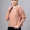 MODKLINE Women’s Peach Winter Sweater – Floral Collar & Textured Knit