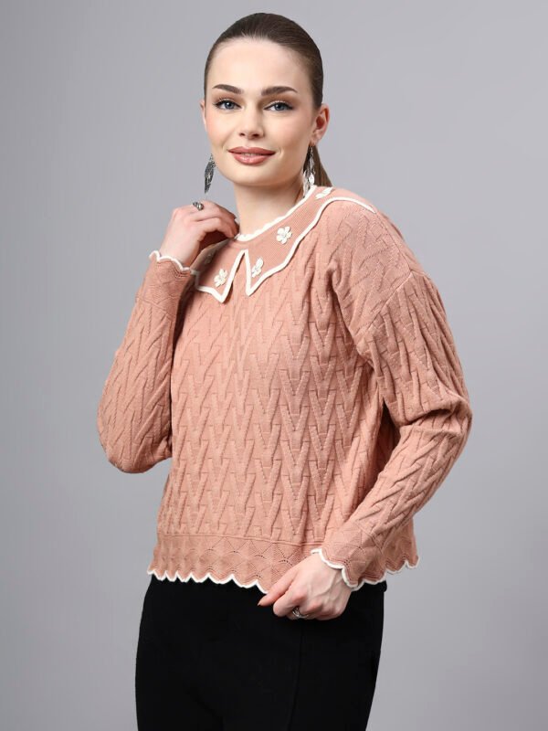MODKLINE Women’s Peach Winter Sweater – Floral Collar & Textured Knit