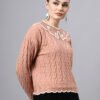 MODKLINE Women’s Peach Winter Sweater – Floral Collar & Textured Knit