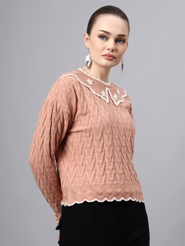 MODKLINE Women’s Peach Winter Sweater – Floral Collar & Textured Knit