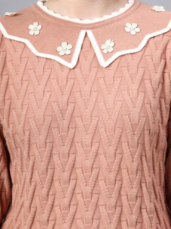 MODKLINE Women’s Peach Winter Sweater – Floral Collar & Textured Knit