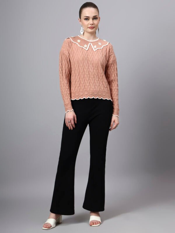 MODKLINE Women’s Peach Winter Sweater – Floral Collar & Textured Knit