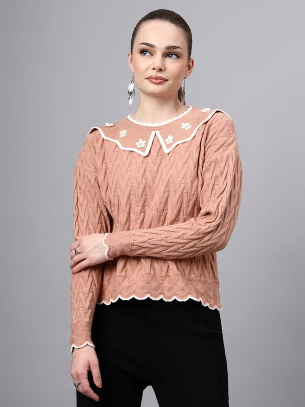 MODKLINE Women’s Peach Winter Sweater – Floral Collar & Textured Knit