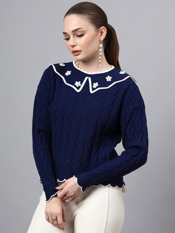 S29_ROYALBLUE_01_3 MODKLINE Women’s Royal Blue Winter Sweater – Floral Collar & Textured Knit
