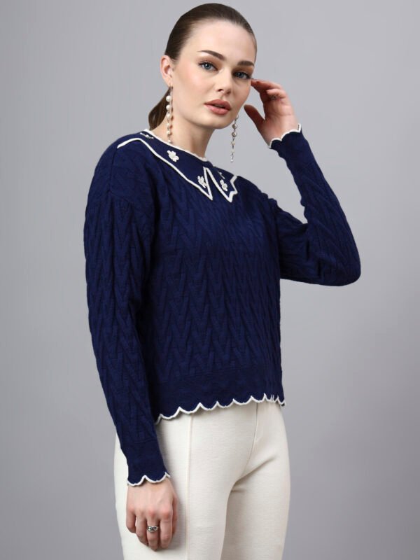 S29_ROYALBLUE_01_4 MODKLINE Women’s Royal Blue Winter Sweater – Floral Collar & Textured Knit