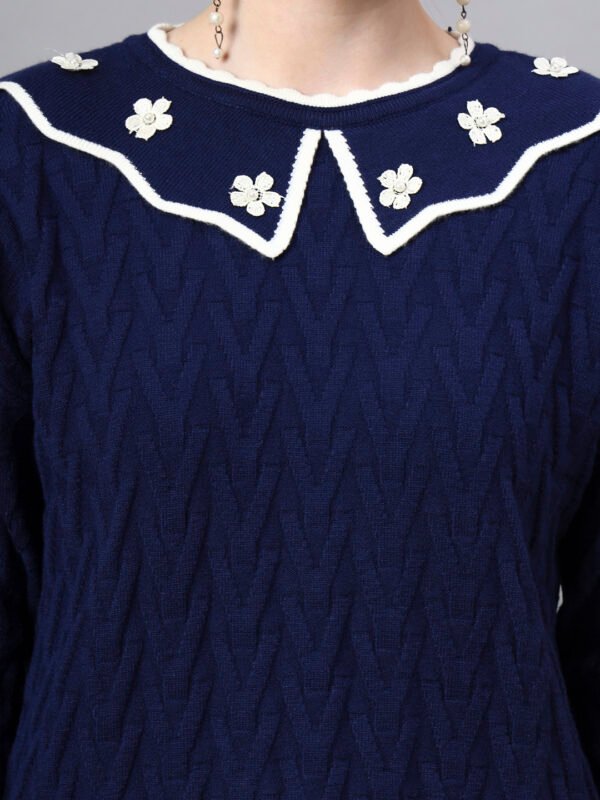 S29_ROYALBLUE_01_5 MODKLINE Women’s Royal Blue Winter Sweater – Floral Collar & Textured Knit