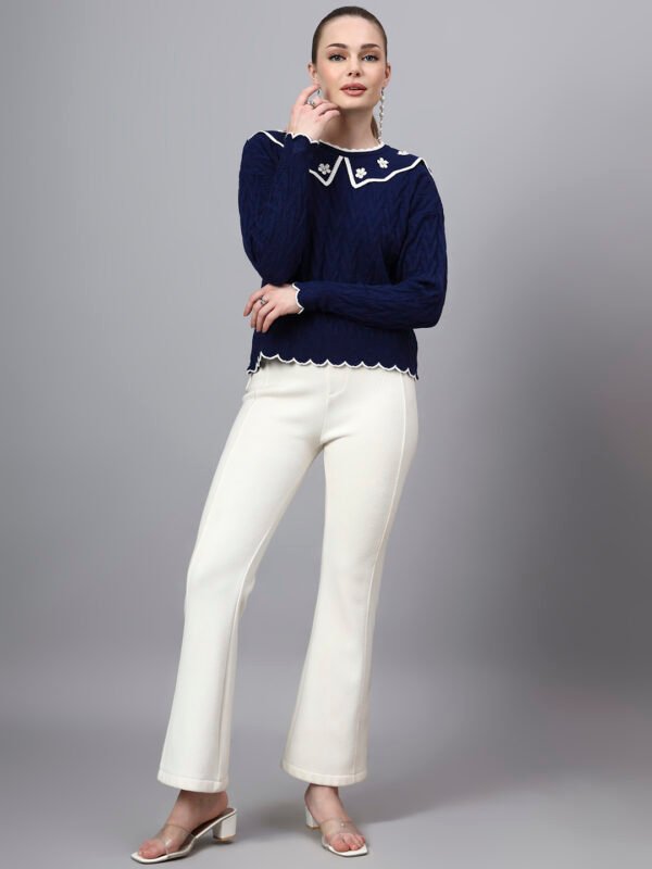 S29_ROYALBLUE_01_6 MODKLINE Women’s Royal Blue Winter Sweater – Floral Collar & Textured Knit