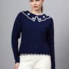 S29_ROYALBLUE_01_7 MODKLINE Women’s Royal Blue Winter Sweater – Floral Collar & Textured Knit