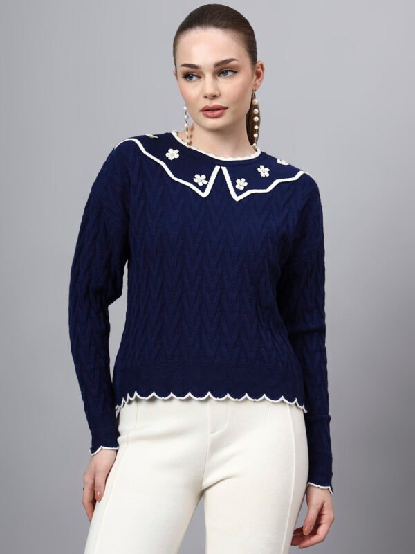 S29_ROYALBLUE_01_7 MODKLINE Women’s Royal Blue Winter Sweater – Floral Collar & Textured Knit