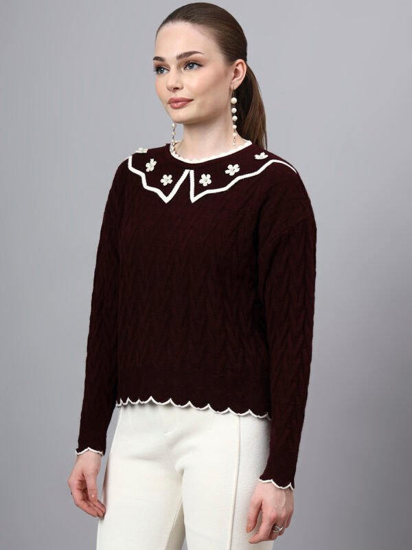 S29_WINE_01_3 MODKLINE Women’s Wine Winter Sweater – Floral Collar & Textured Knit
