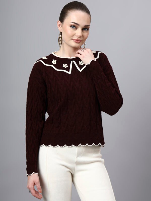 S29_WINE_01_4 MODKLINE Women’s Wine Winter Sweater – Floral Collar & Textured Knit