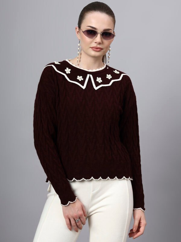 S29_WINE_01_7 MODKLINE Women’s Wine Winter Sweater – Floral Collar & Textured Knit