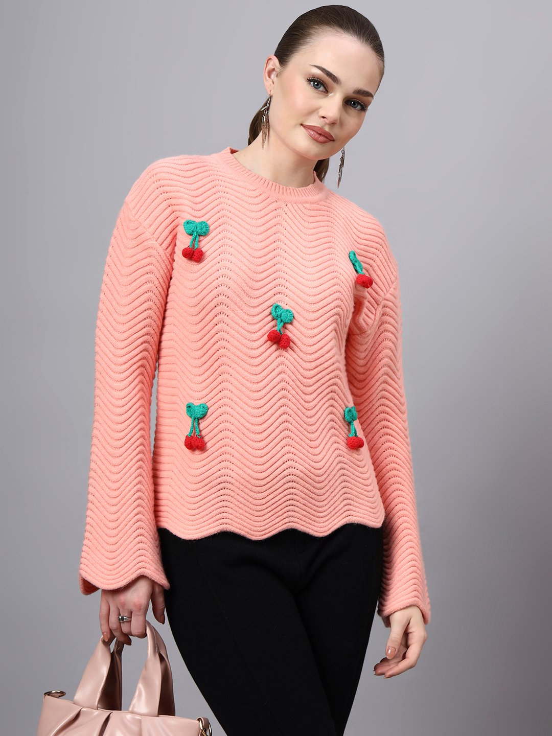 Round Neck Flowered Patch Work Design With Premium Acrylic Wool Women Knitted Top & Sweater
