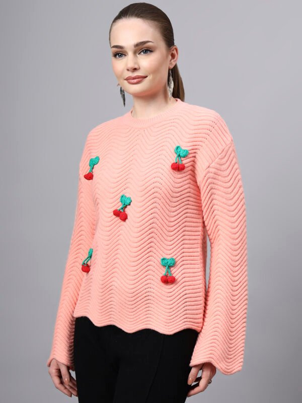 S30_BABYPINK_01_3 Round Neck Flowered Patch Work Design With Premium Acrylic Wool Women Knitted Top & Sweater