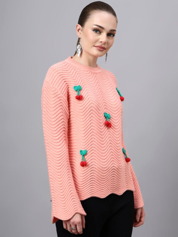 S30_BABYPINK_01_4 Round Neck Flowered Patch Work Design With Premium Acrylic Wool Women Knitted Top & Sweater